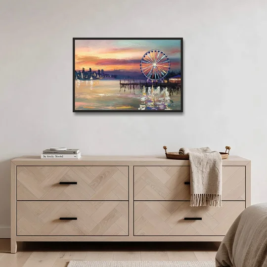 Seattle Harbor With Ferris Wheel - Black Framed Canvas Wall Art - Coffee Table - 36x24