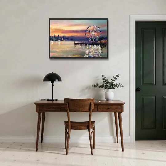 Seattle Harbor With Ferris Wheel - Black Framed Canvas Wall Art - Office - 36x24