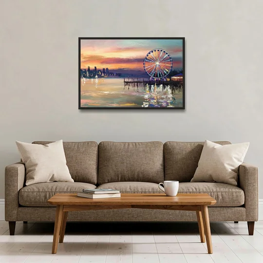 Seattle Harbor With Ferris Wheel - Black Framed Canvas Wall Art - Sofa - 36x24