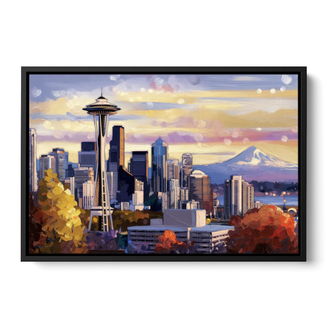Seattle Iconic Landmarks - Black Framed Canvas Wall Art - Front