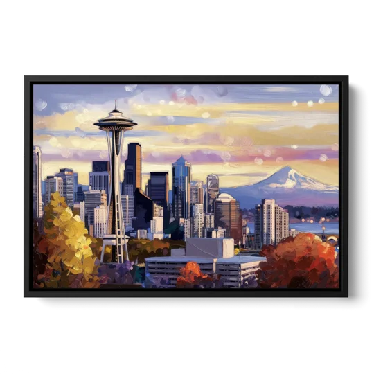 Seattle Iconic Landmarks - Black Framed Canvas Wall Art - Front