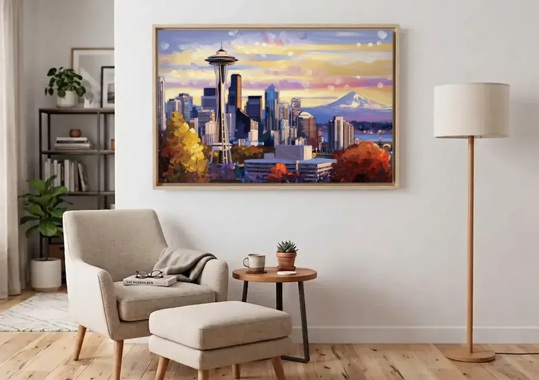 Seattle Iconic Landmarks canvas wall art above an armchair in a bright living room