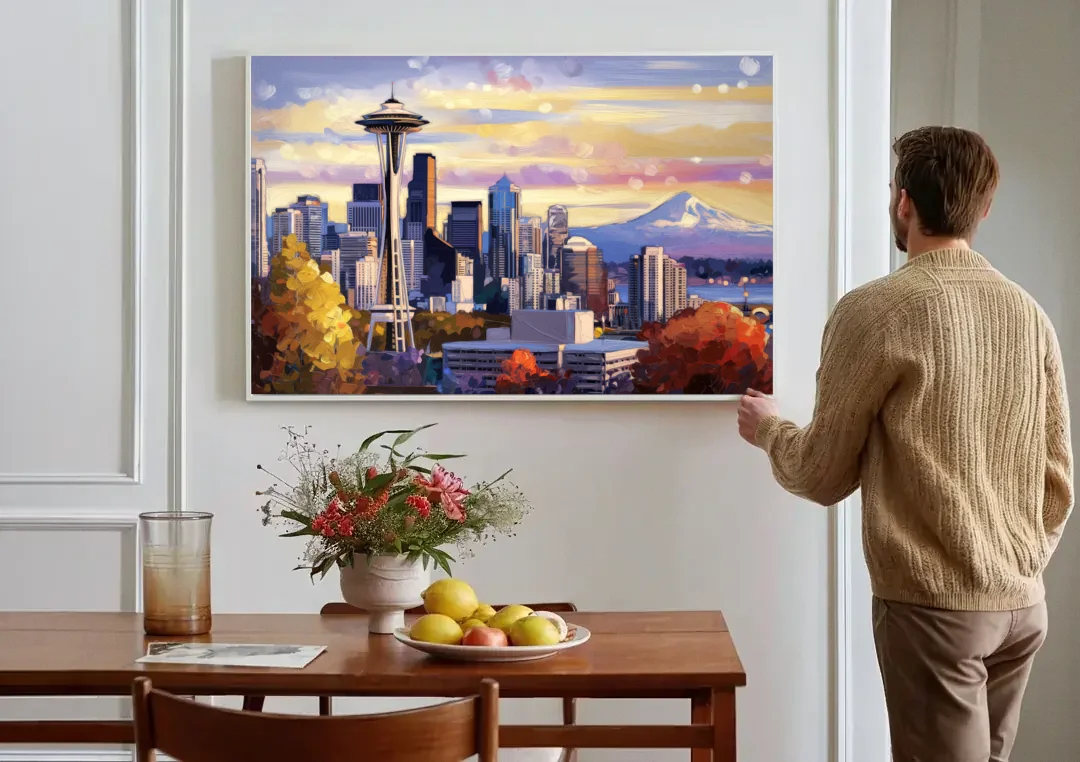 Seattle Iconic Landmarks canvas wall art above a dining table