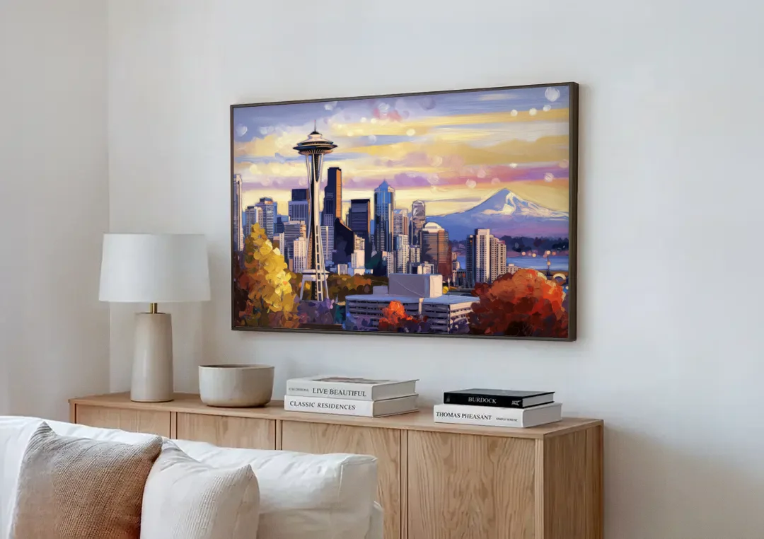 Seattle Iconic Landmarks canvas wall art above a wooden sideboard next to a sofa