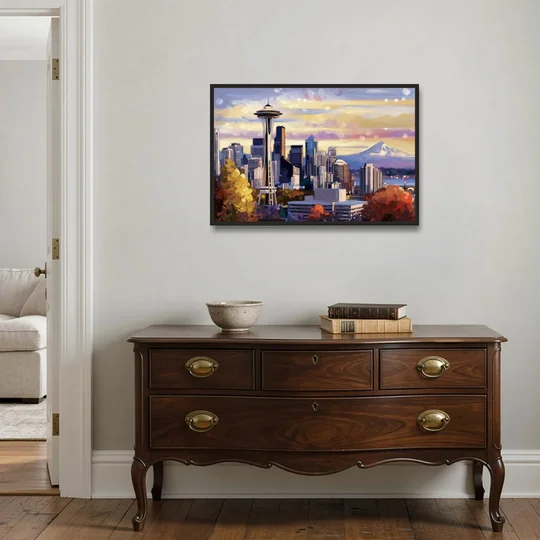 Seattle Iconic Landmarks - Black Framed Canvas Wall Art - Coffee Table - 36x24