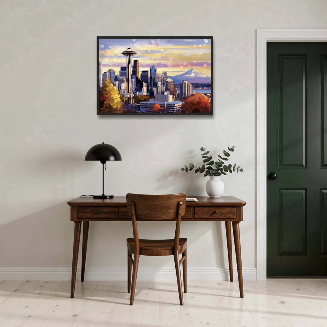 Seattle Iconic Landmarks - Black Framed Canvas Wall Art - Office - 36x24