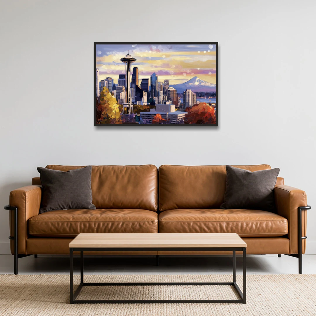 Seattle Iconic Landmarks - Black Framed Canvas Wall Art - Sofa - 36x24