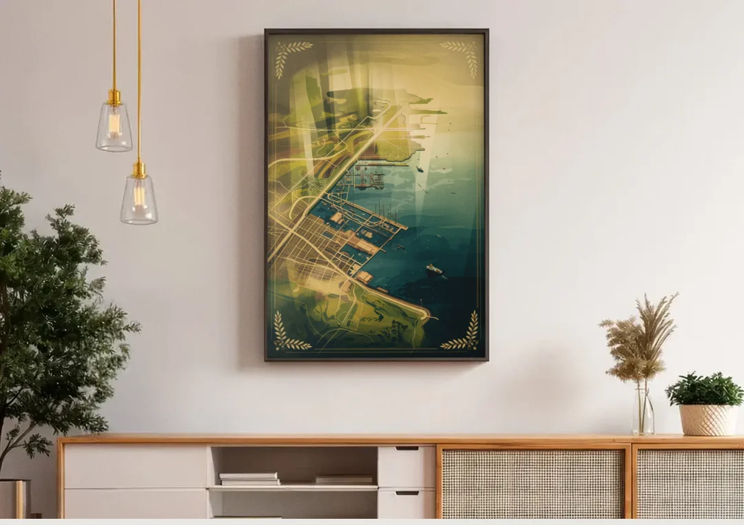 Seattle Map Vintage Style canvas wall art above a wooden sideboard under pendant lights