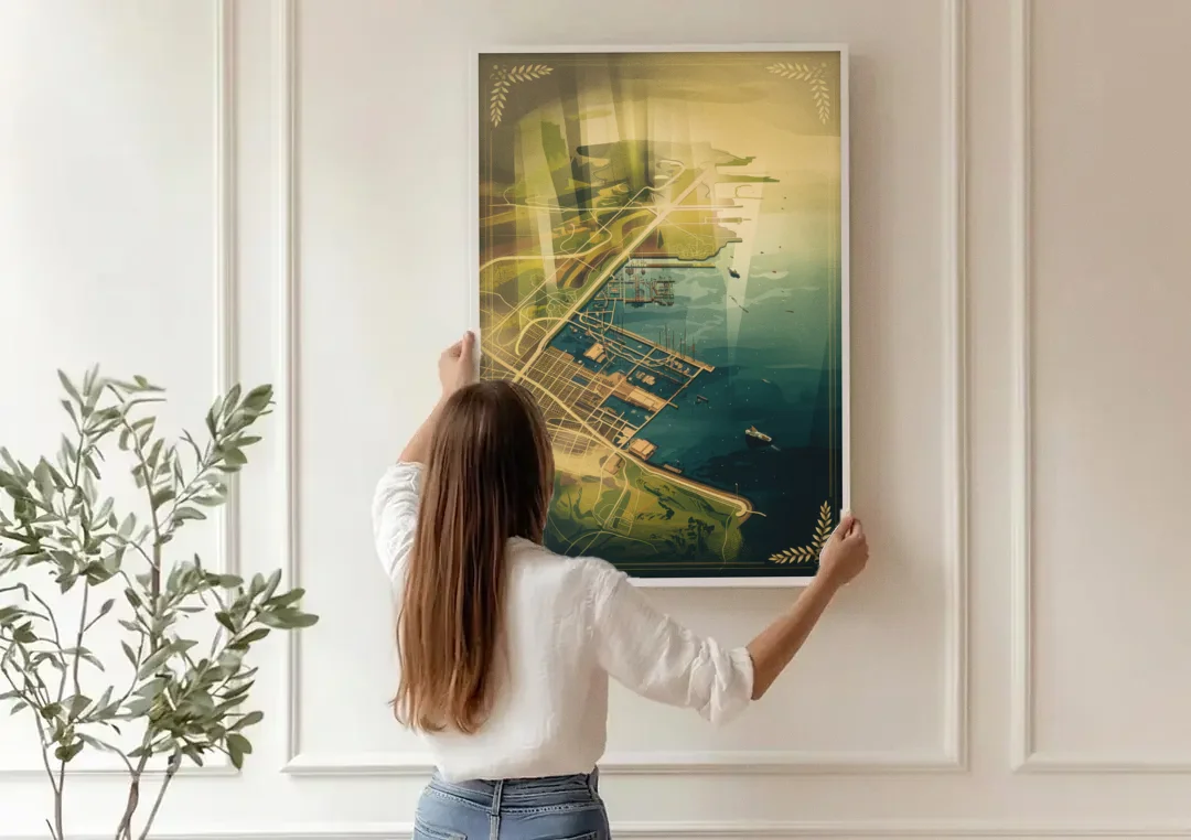 Seattle Map Vintage Style canvas wall art being hung on a paneled wall