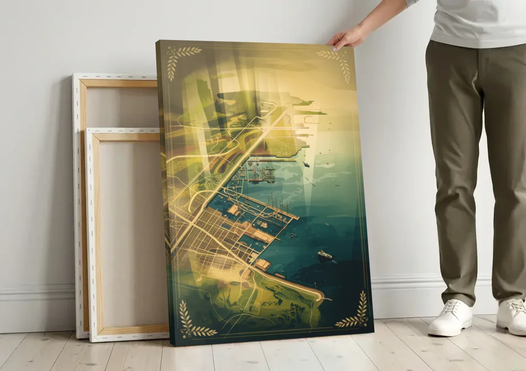 Seattle Map Vintage Style canvas wall art leaning against a wall next to blank canvases
