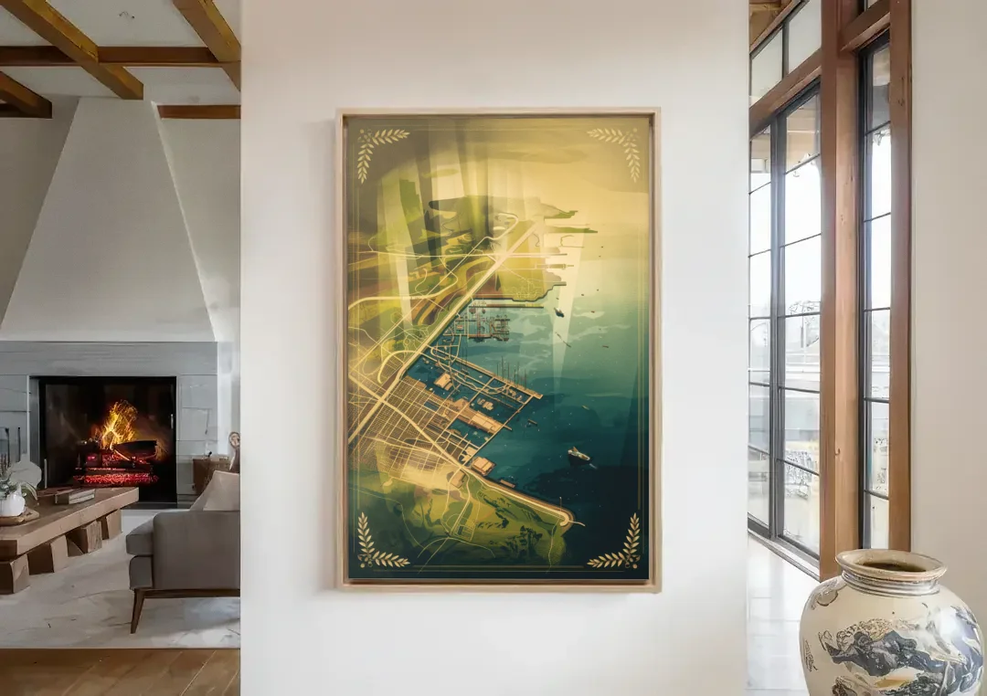 Seattle Map Vintage Style canvas wall art in a living room with a fireplace