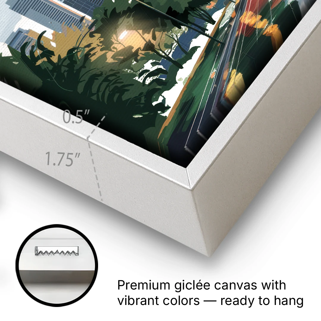 Seattle Rainy Day Skyline - White Framed Canvas Wall Art - Gallery Wrap Corner