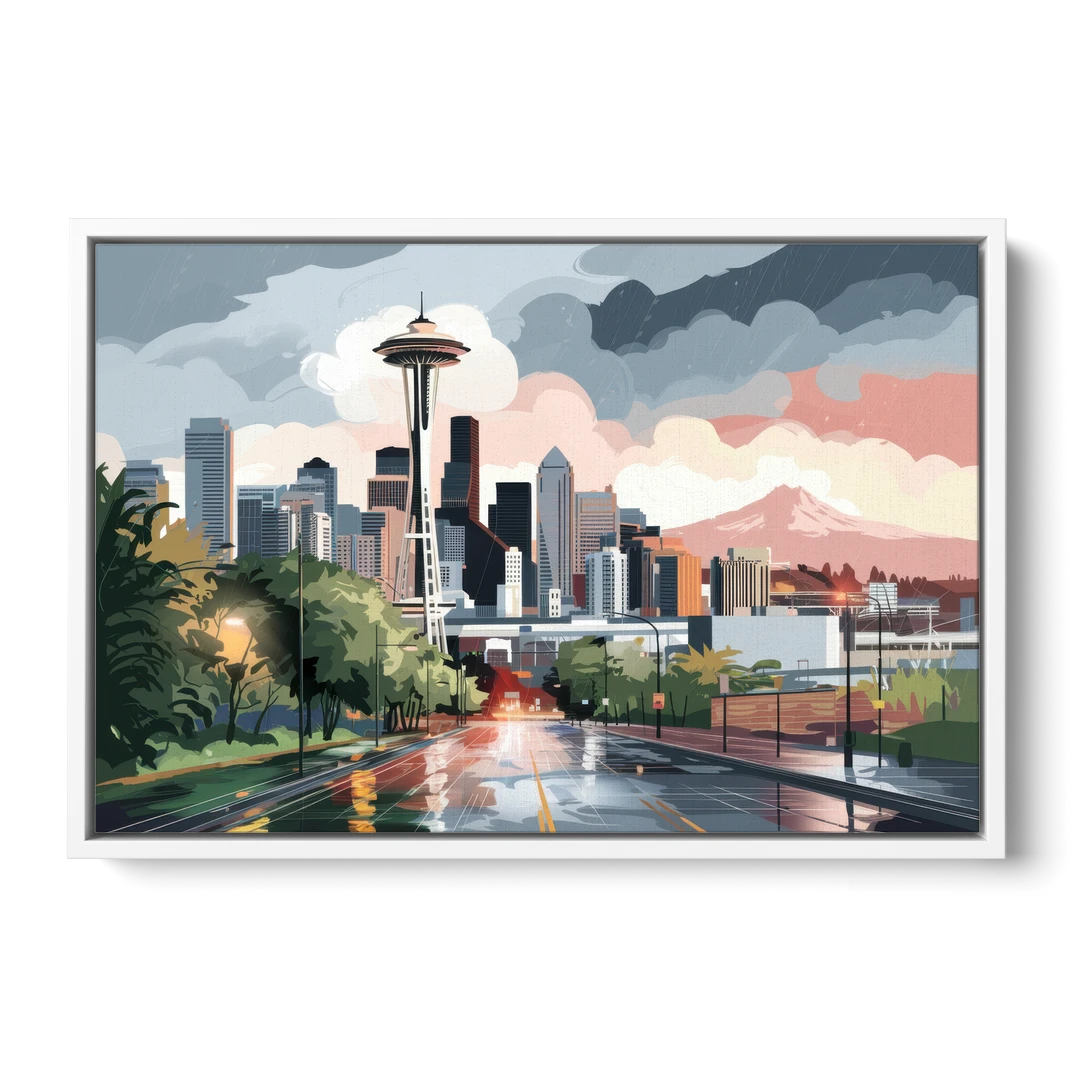 Seattle Rainy Day Skyline - White Framed Canvas Wall Art - Front
