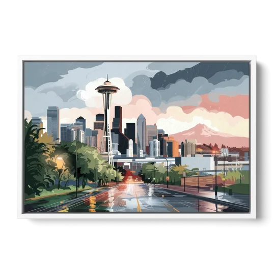 Seattle Rainy Day Skyline - White Framed Canvas Wall Art - Front