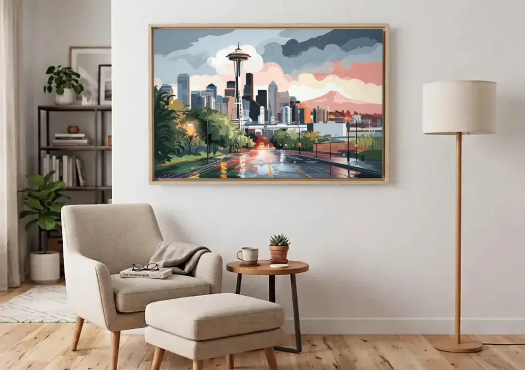 Seattle Rainy Day Skyline canvas wall art above an armchair in a bright living room
