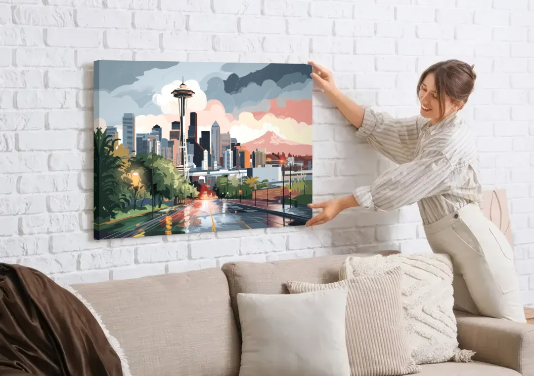 Seattle Rainy Day Skyline canvas wall art being hung on a white brick wall above a sofa