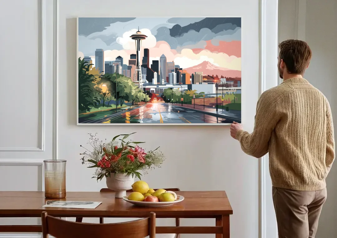 Seattle Rainy Day Skyline canvas wall art above a dining table