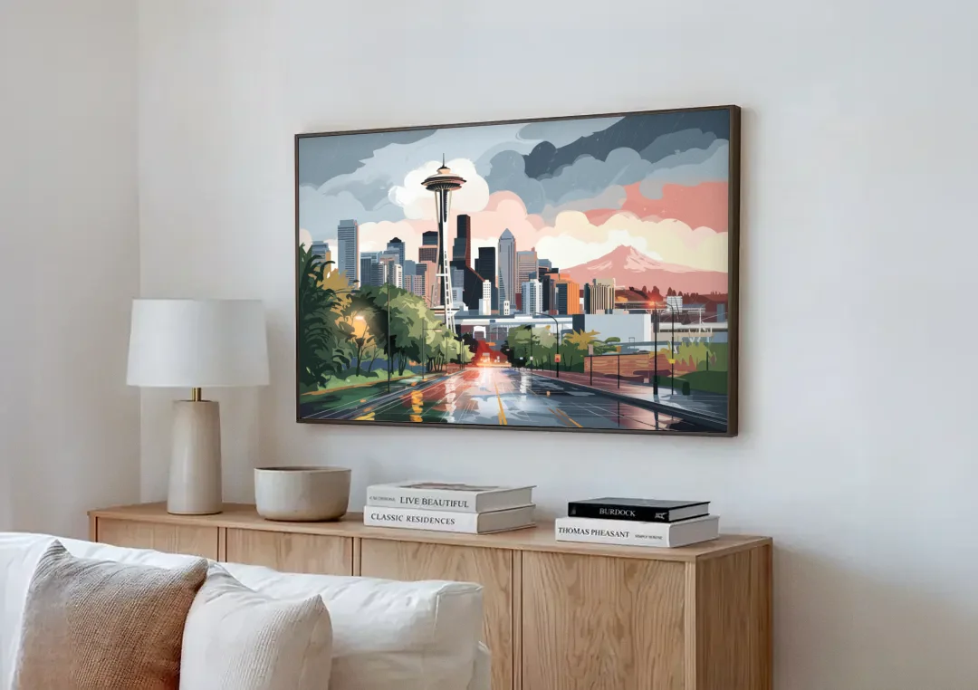 Seattle Rainy Day Skyline canvas wall art above a wooden sideboard next to a sofa