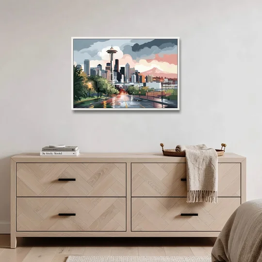 Seattle Rainy Day Skyline - White Framed Canvas Wall Art - Coffee Table - 36x24