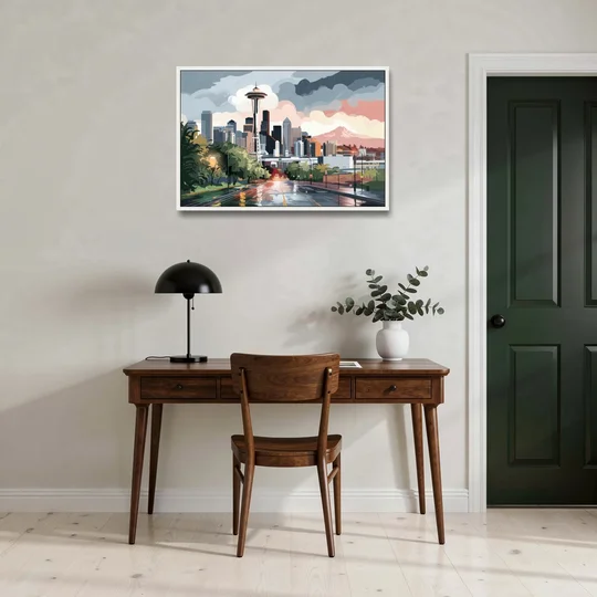 Seattle Rainy Day Skyline - White Framed Canvas Wall Art - Office - 36x24