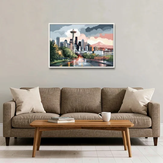 Seattle Rainy Day Skyline - White Framed Canvas Wall Art - Sofa - 36x24