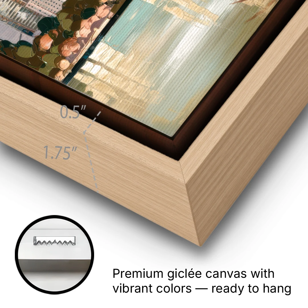 Seattle Space Needle and Cityscape - Oak Framed Canvas Wall Art - Gallery Wrap Corner