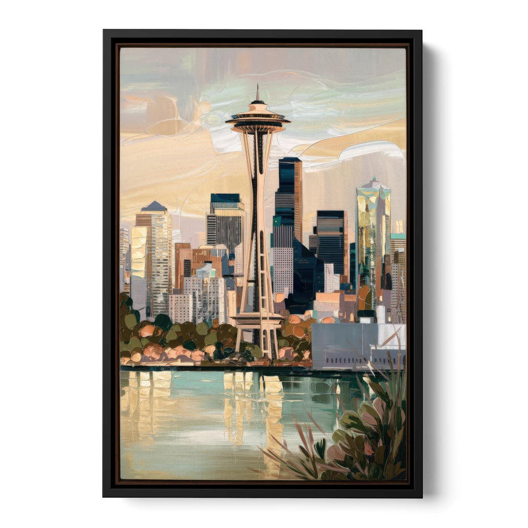 Seattle Space Needle and Cityscape - Black Framed Canvas Wall Art - Front