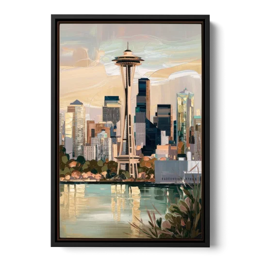 Seattle Space Needle and Cityscape - Black Framed Canvas Wall Art - Front