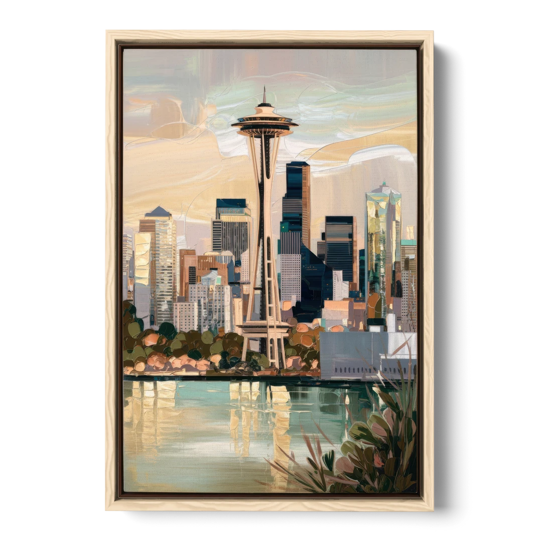 Seattle Space Needle and Cityscape - Oak Framed Canvas Wall Art - Front