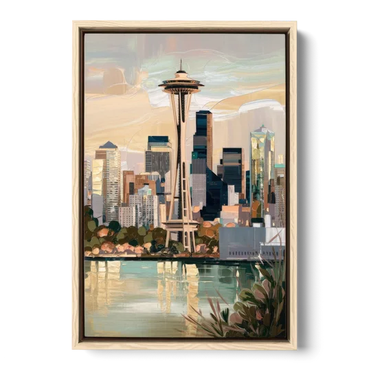 Seattle Space Needle and Cityscape - Oak Framed Canvas Wall Art - Front