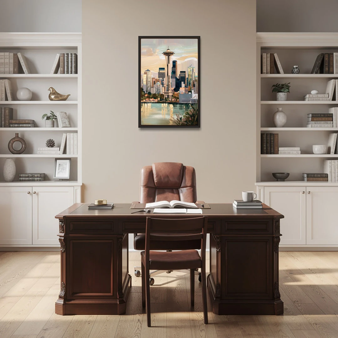 Seattle Space Needle and Cityscape - Black Framed Canvas Wall Art - Office - 24x36