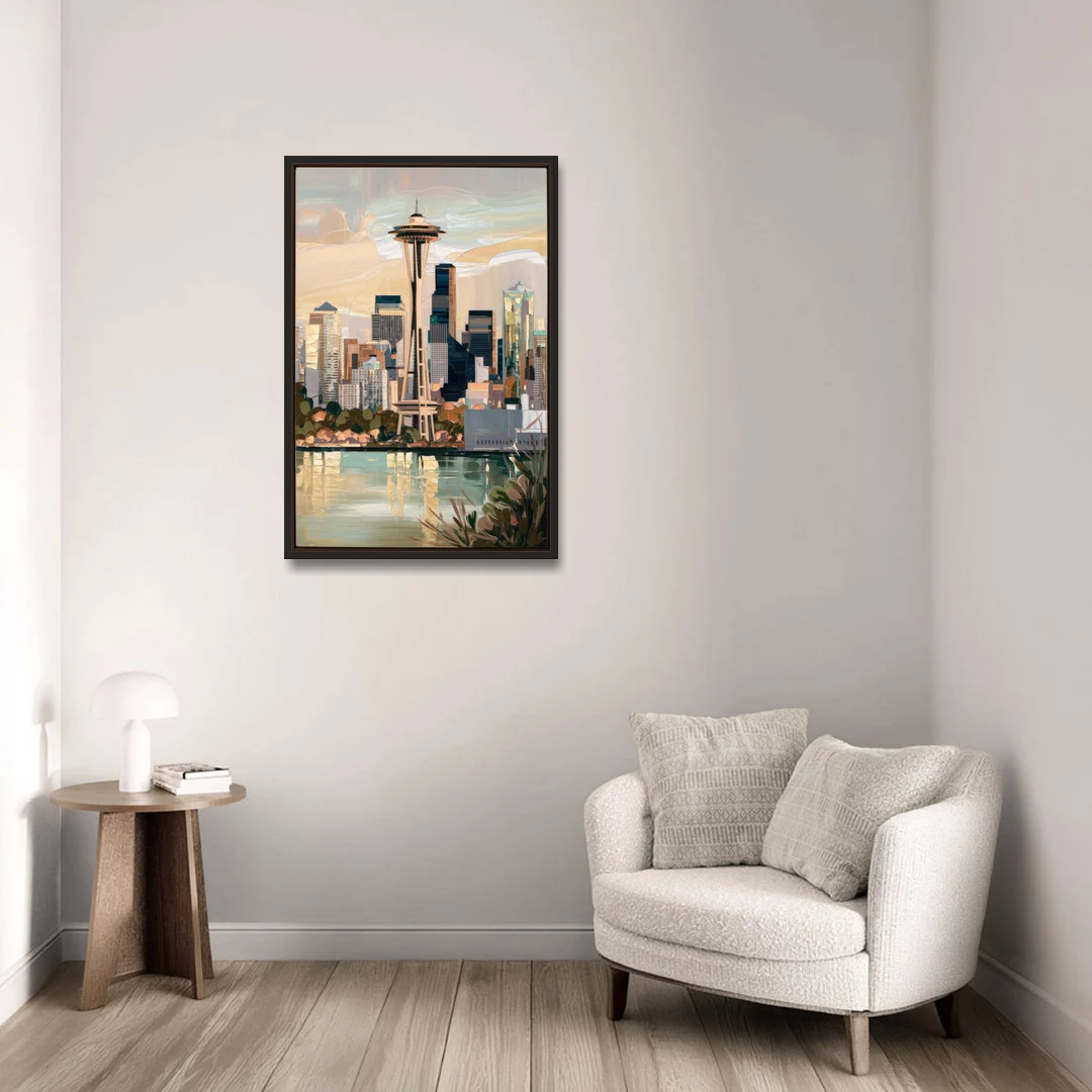 Seattle Space Needle and Cityscape - Black Framed Canvas Wall Art - Sofa - 24x36
