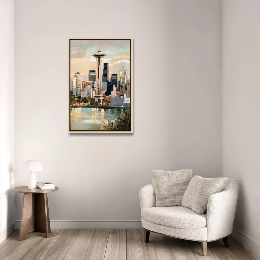 Seattle Space Needle and Cityscape - Oak Framed Canvas Wall Art - Sofa - 24x36