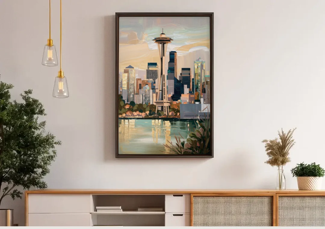 Seattle Space Needle and Cityscape canvas wall art above a wooden sideboard under pendant lights