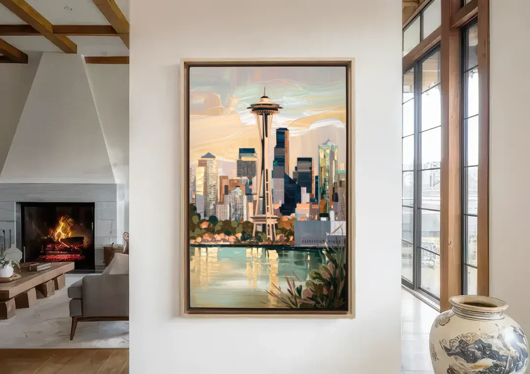 Seattle Space Needle and Cityscape canvas wall art in a living room with a fireplace