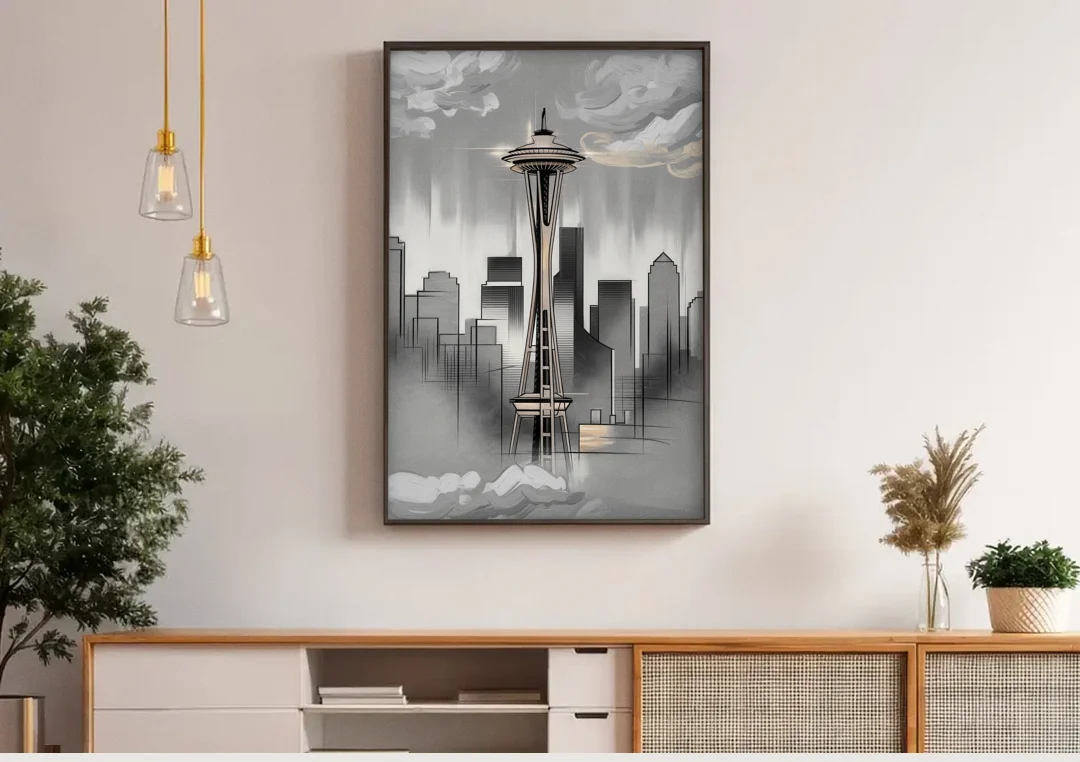 Seattle Space Needle Silhouette canvas wall art above a wooden sideboard under pendant lights