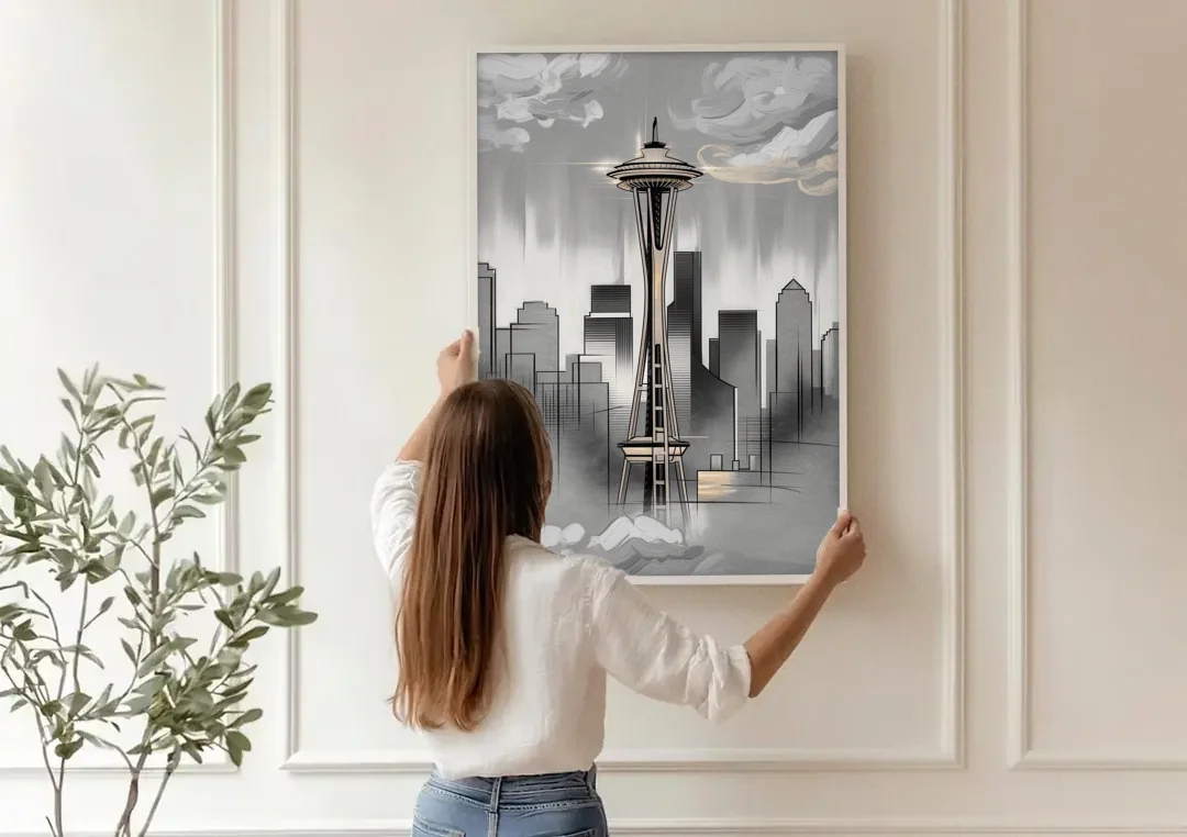 Seattle Space Needle Silhouette canvas wall art being hung on a paneled wall