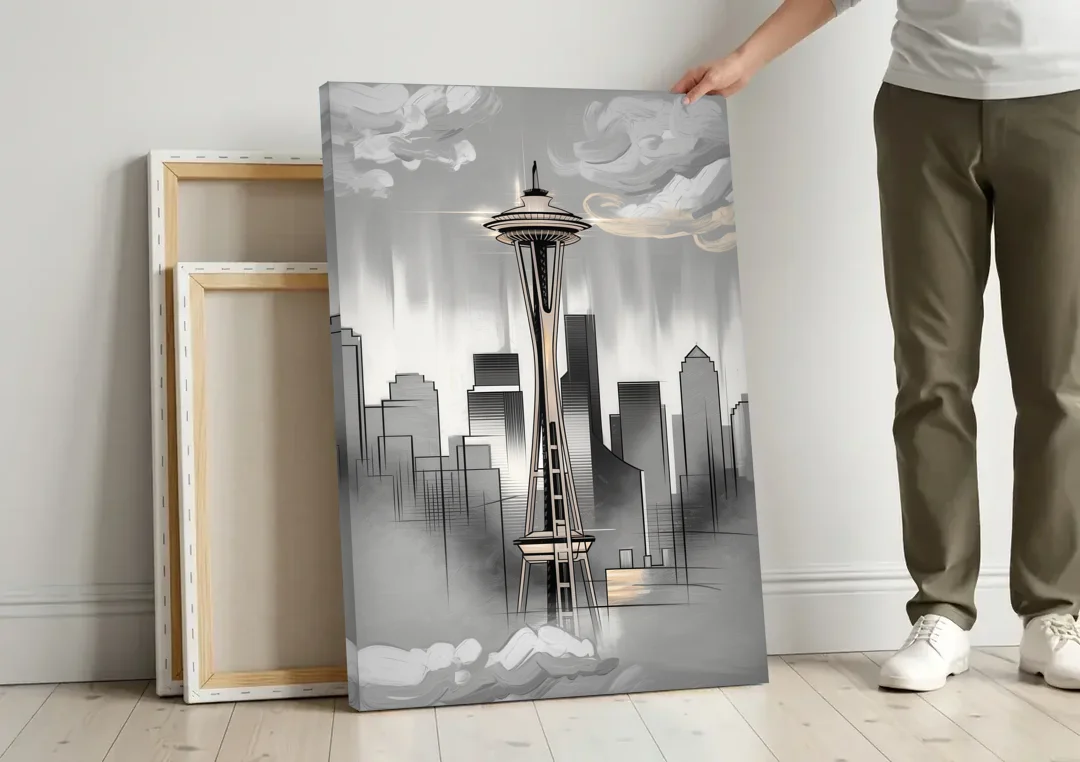 Seattle Space Needle Silhouette canvas wall art leaning against a wall next to blank canvases
