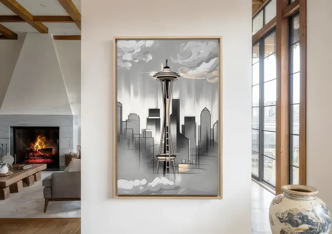 Seattle Space Needle Silhouette canvas wall art in a living room with a fireplace