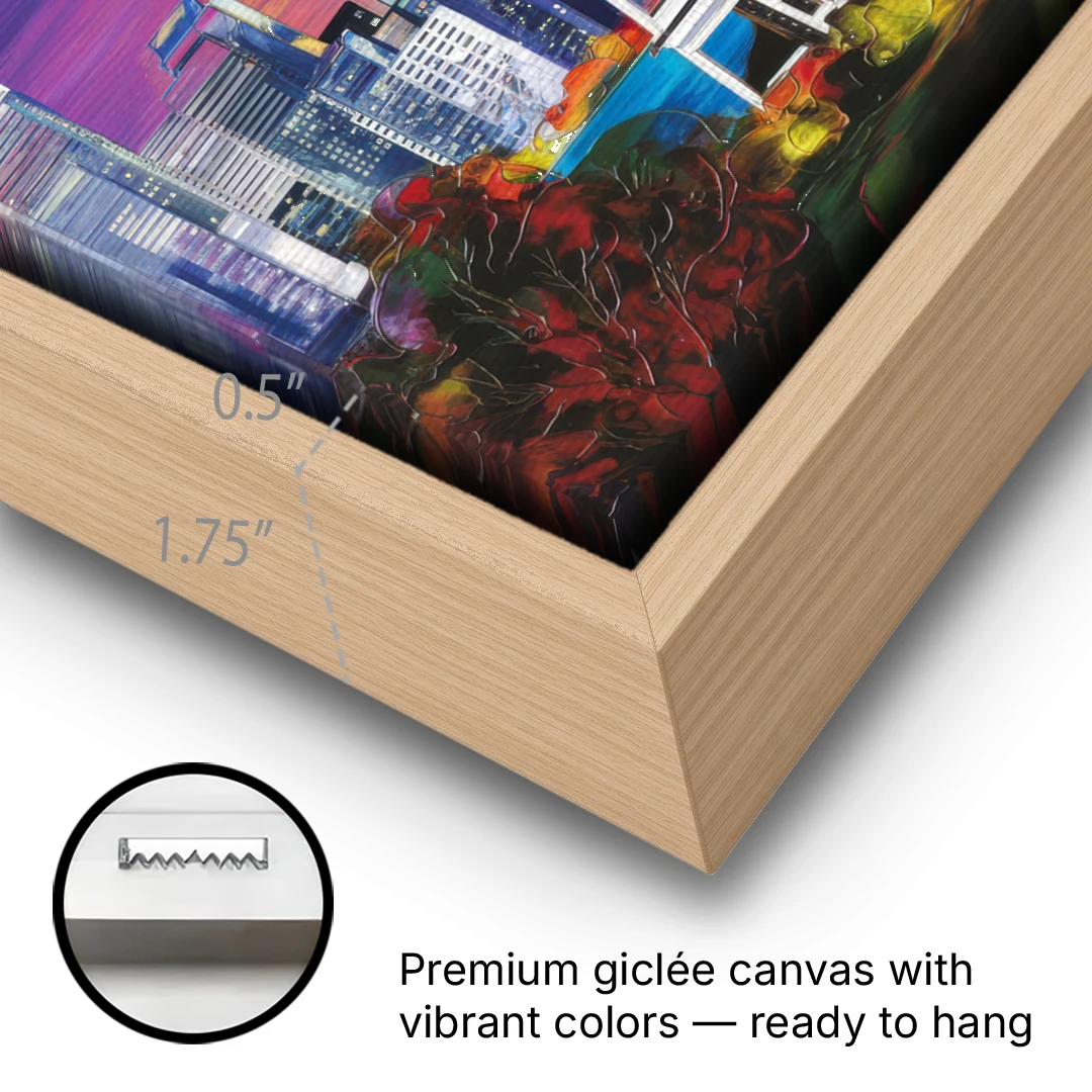Seattle Space Needle View - Oak Framed Canvas Wall Art - Gallery Wrap Corner