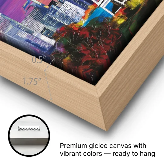 Seattle Space Needle View - Oak Framed Canvas Wall Art - Gallery Wrap Corner