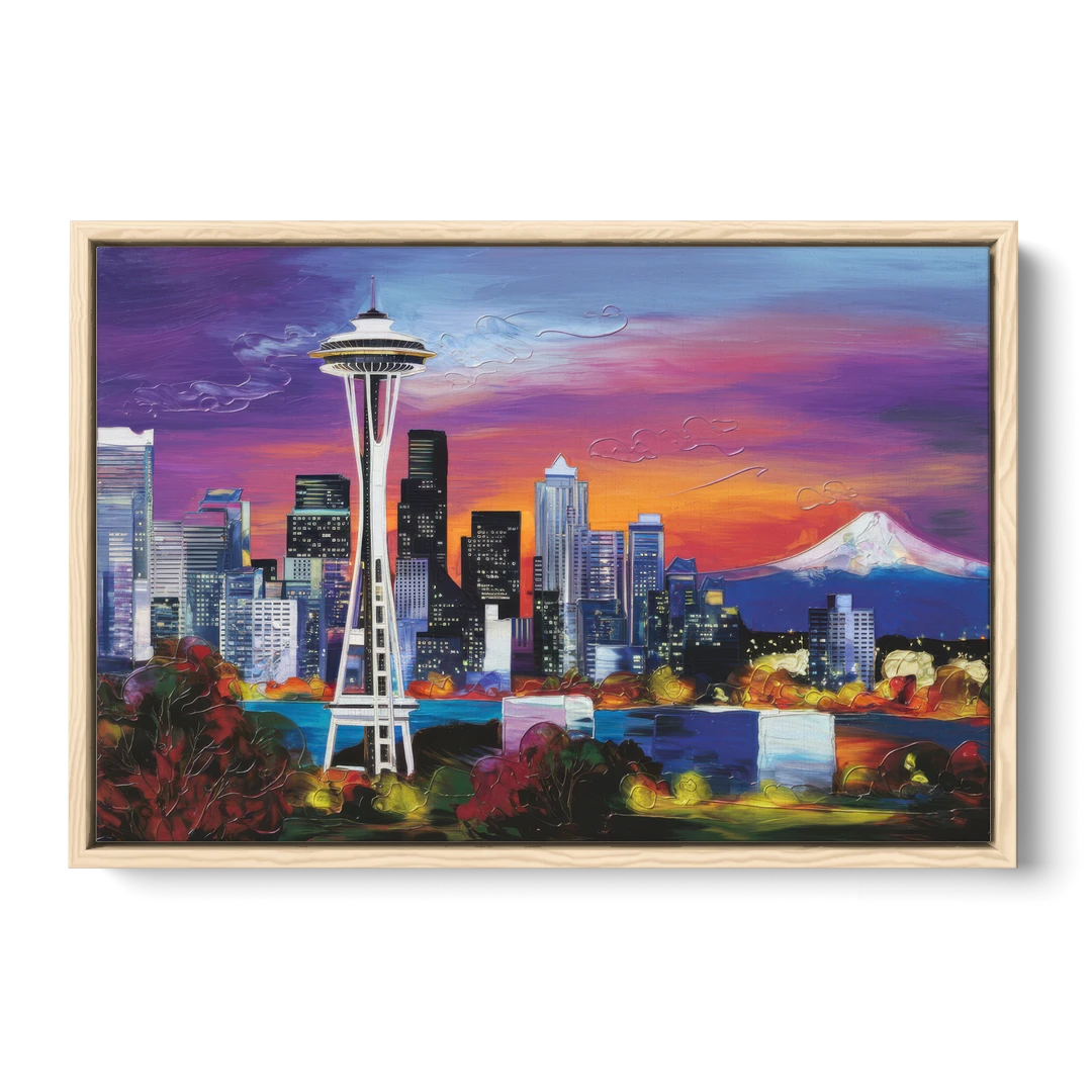 Seattle Space Needle View - Oak Framed Canvas Wall Art - Front