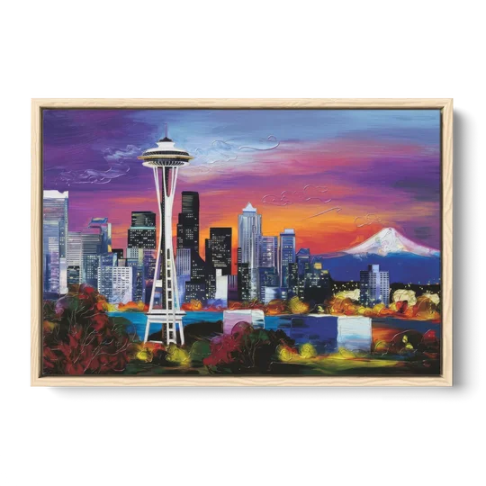 Seattle Space Needle View - Oak Framed Canvas Wall Art - Front