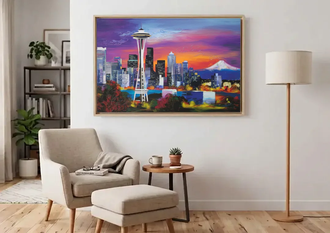 Seattle Space Needle View canvas wall art above an armchair in a bright living room
