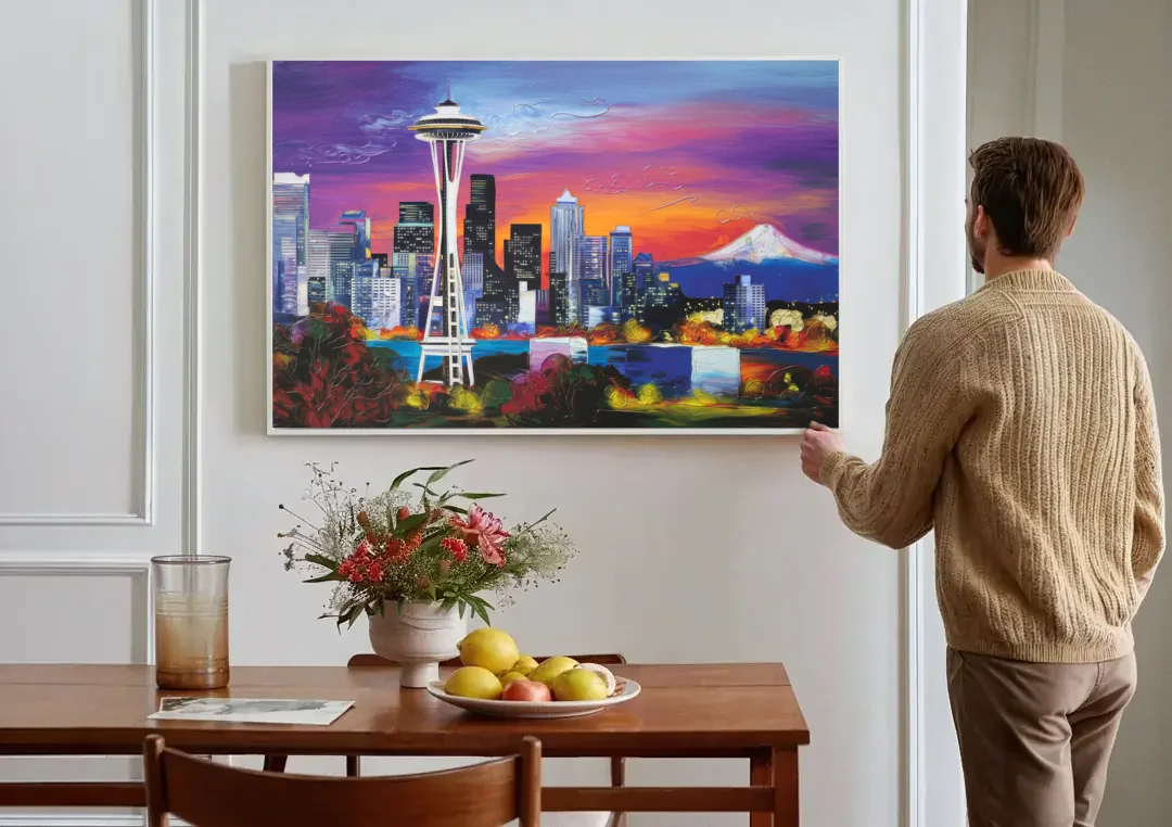 Seattle Space Needle View canvas wall art above a dining table