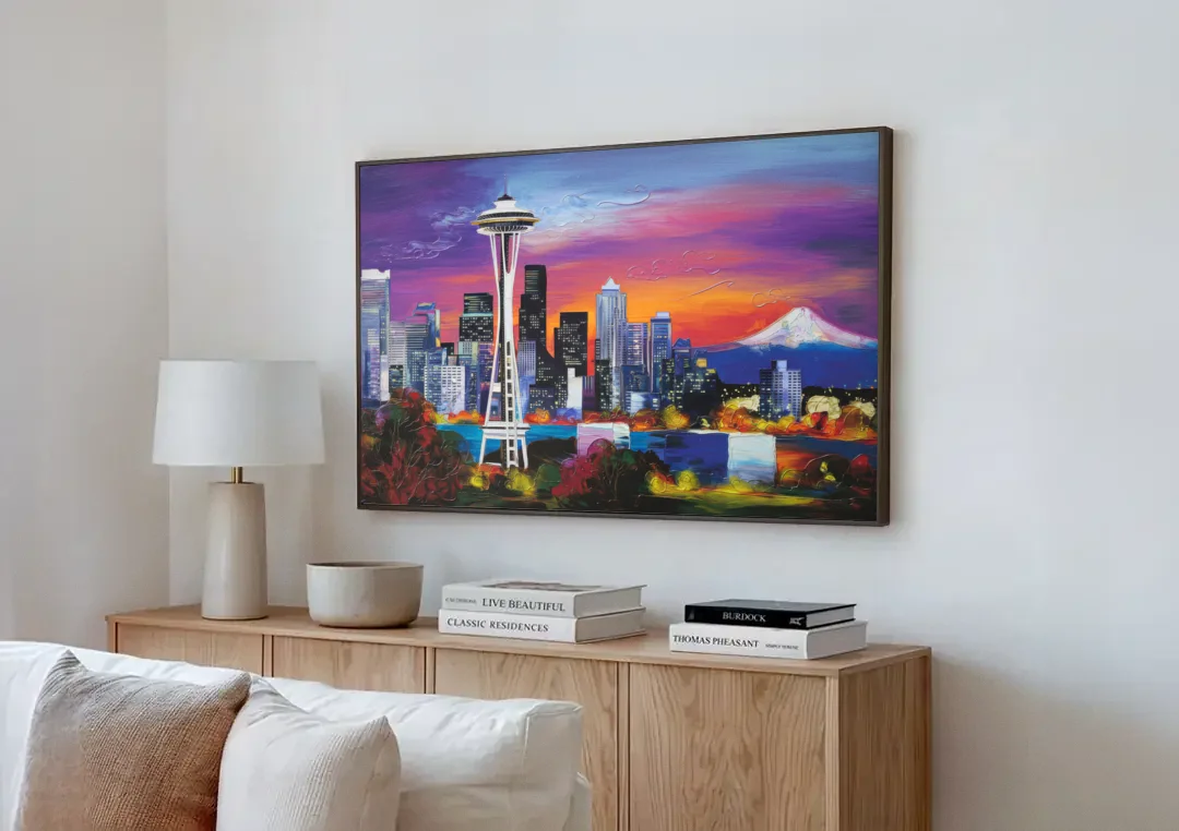 Seattle Space Needle View canvas wall art above a wooden sideboard next to a sofa