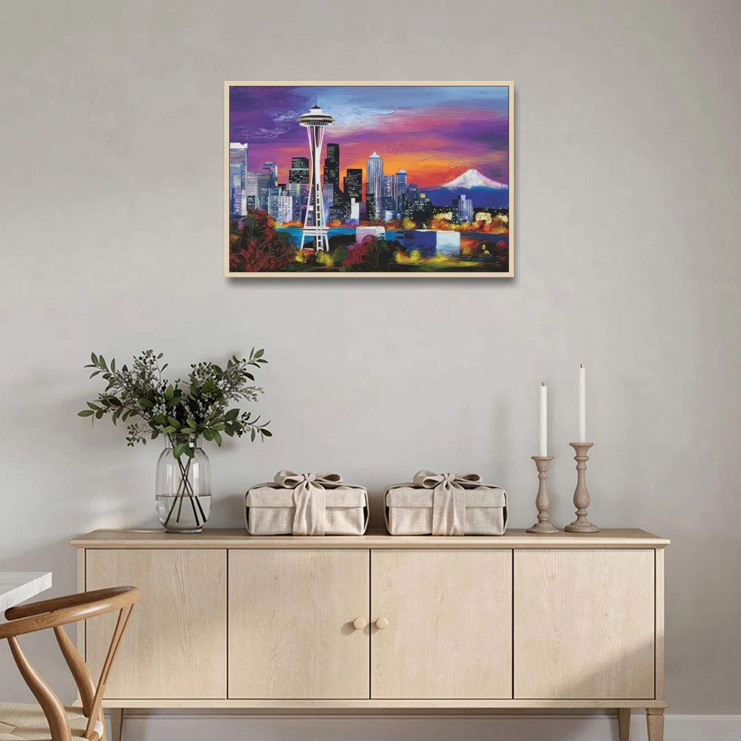 Seattle Space Needle View - Oak Framed Canvas Wall Art - Coffee Table - 36x24