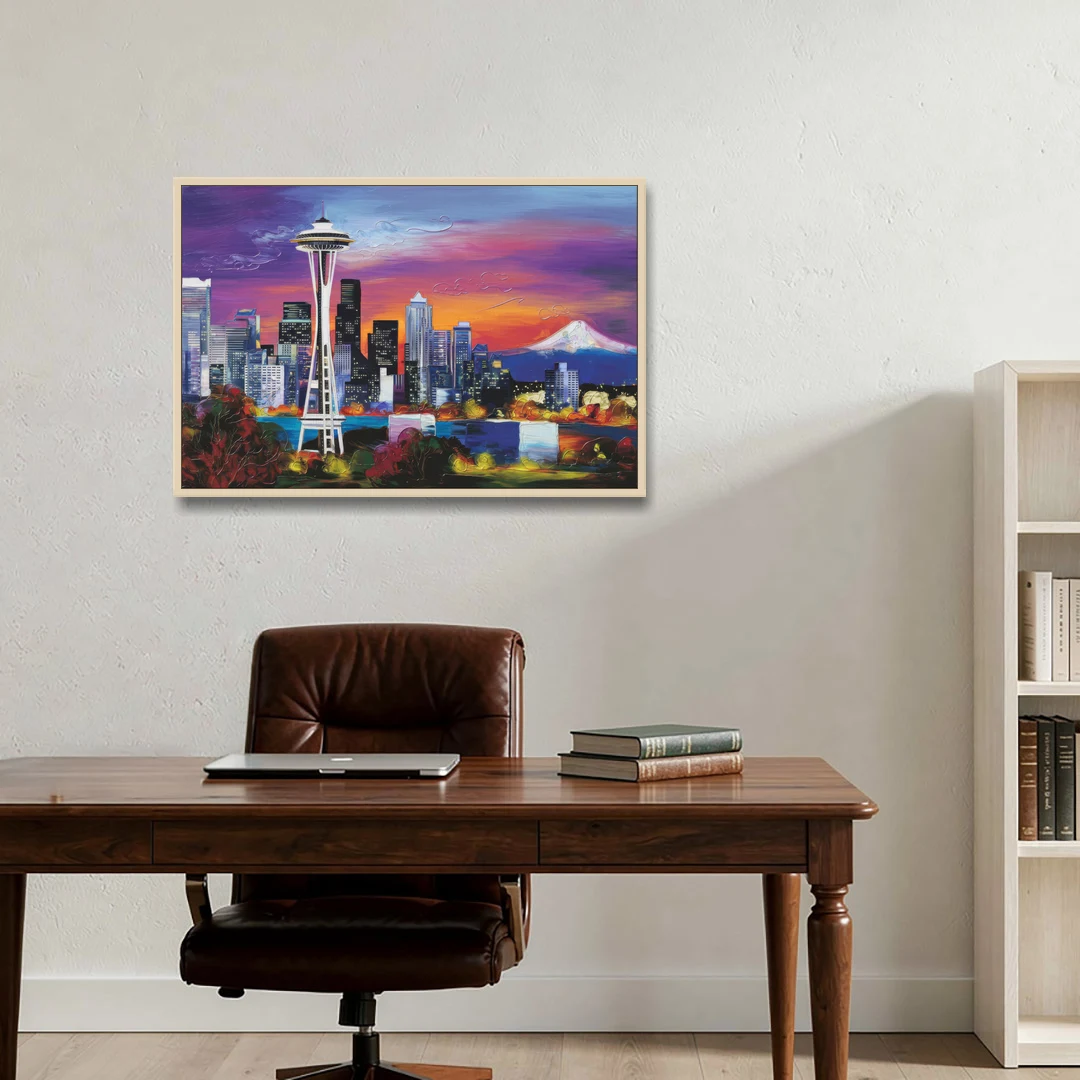 Seattle Space Needle View - Oak Framed Canvas Wall Art - Office - 36x24