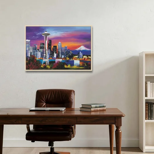 Seattle Space Needle View - Oak Framed Canvas Wall Art - Office - 36x24