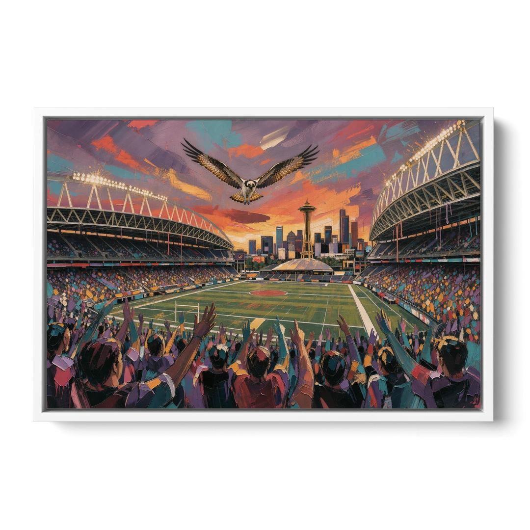 Seattle Sports Fans Unite - White Framed Canvas Wall Art - Front